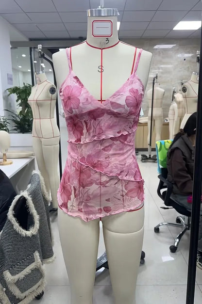 Women Summer Vintage Sleeveless Spaghetti Strap Floral Print Crop Top