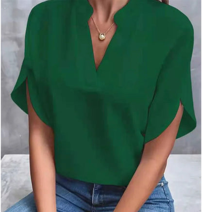Elegant Women's Blouse New V-neck Short Sleeve 

Solid Color Loose Shirt Casual White Tops Office Lady Blouses