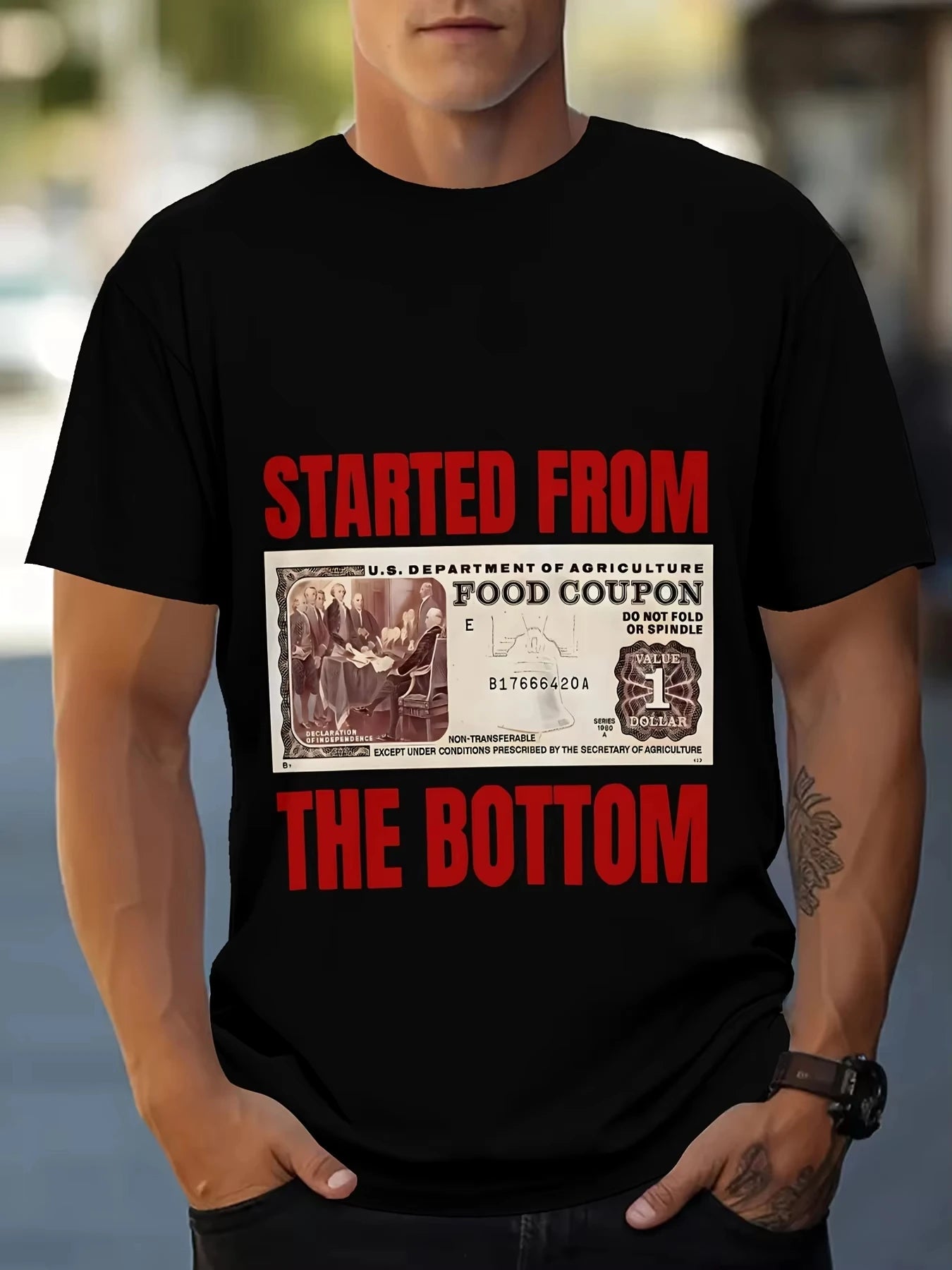 Men "Started From Bottom Food Stamp Coupon" Vintage Washed T Shirt