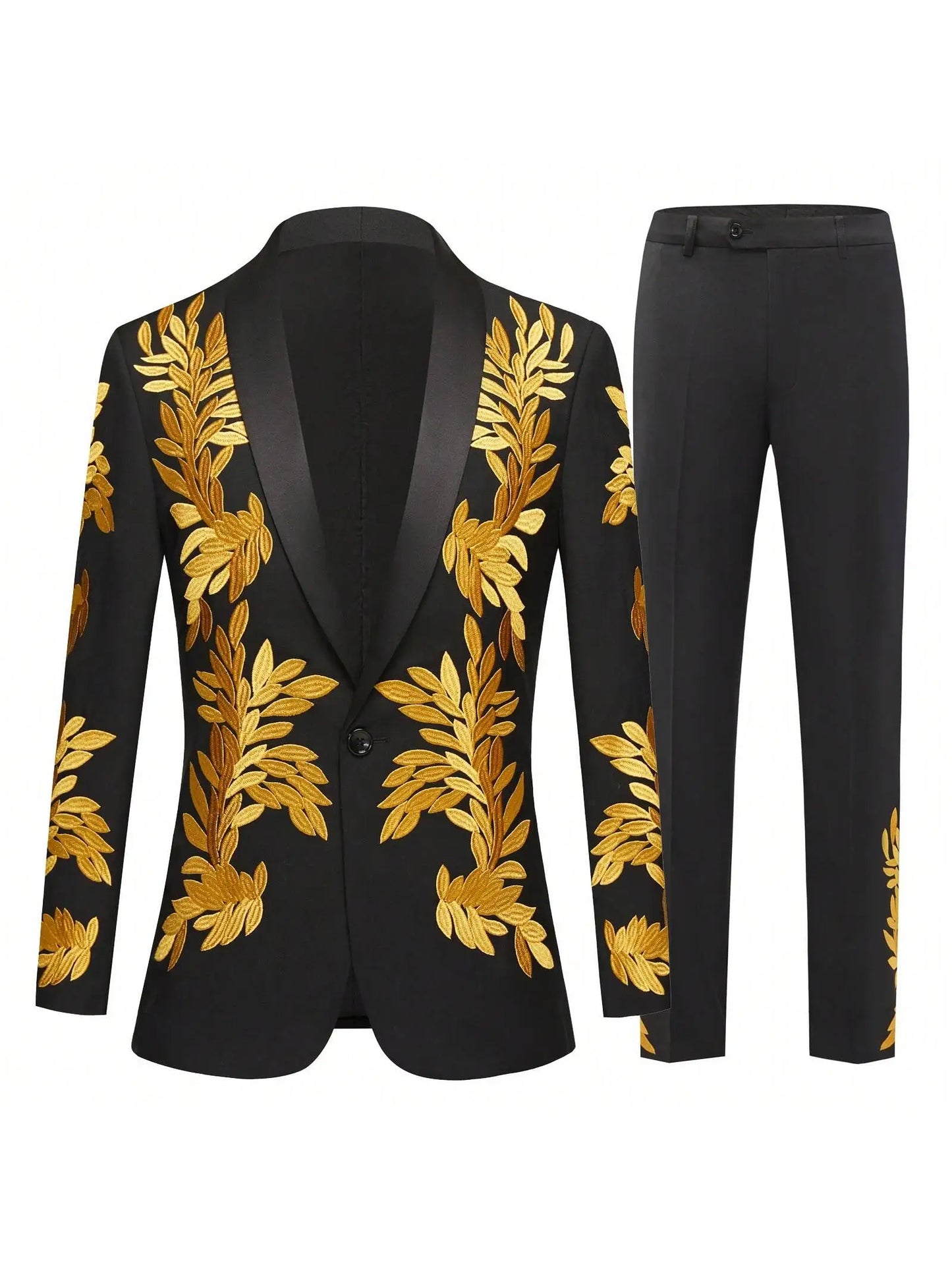 Men's floral embroidery slim-fitting single-button two-piece suit.