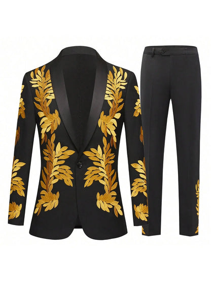Men's floral embroidery slim-fitting single-button two-piece suit.