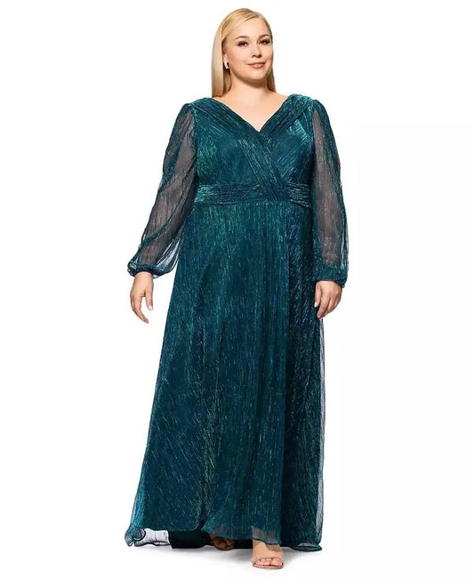 Plus Size Metallic Pleated Split-Sleeve Gown