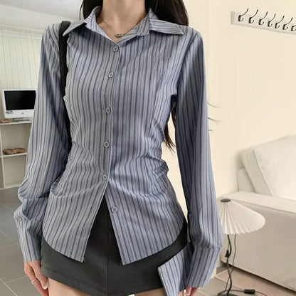2025 Korean Blue Striped Long Sleeve Shirt Jacket