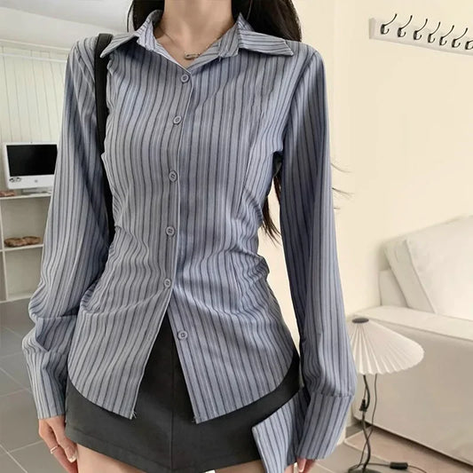 2025 Korean Blue Striped Long Sleeve Shirt Jacket