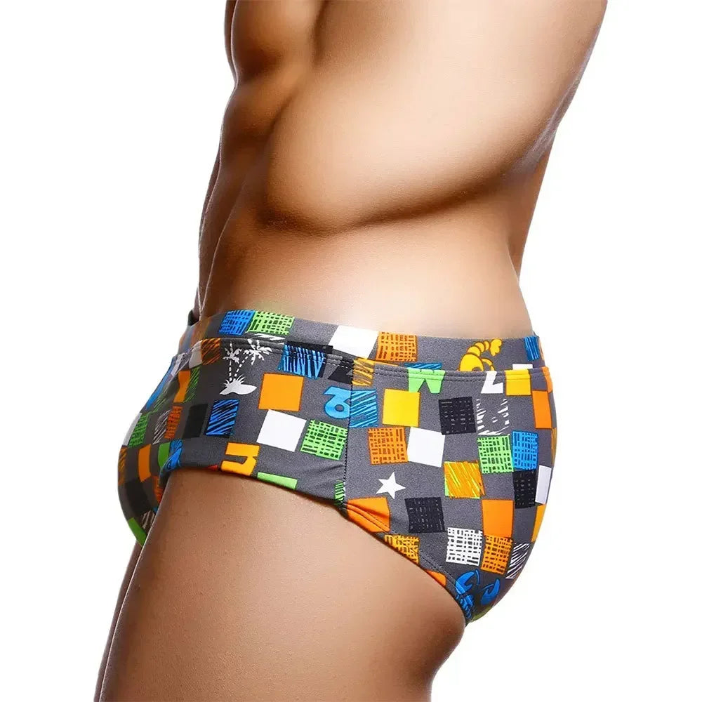 Sexy Summer Men Swimwear with Brazilian Cut and Square Graffiti  Pattern