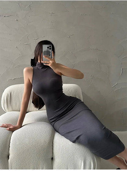 Elegant Red Sexy Bodycon Turtleneck Midi Dress for Women