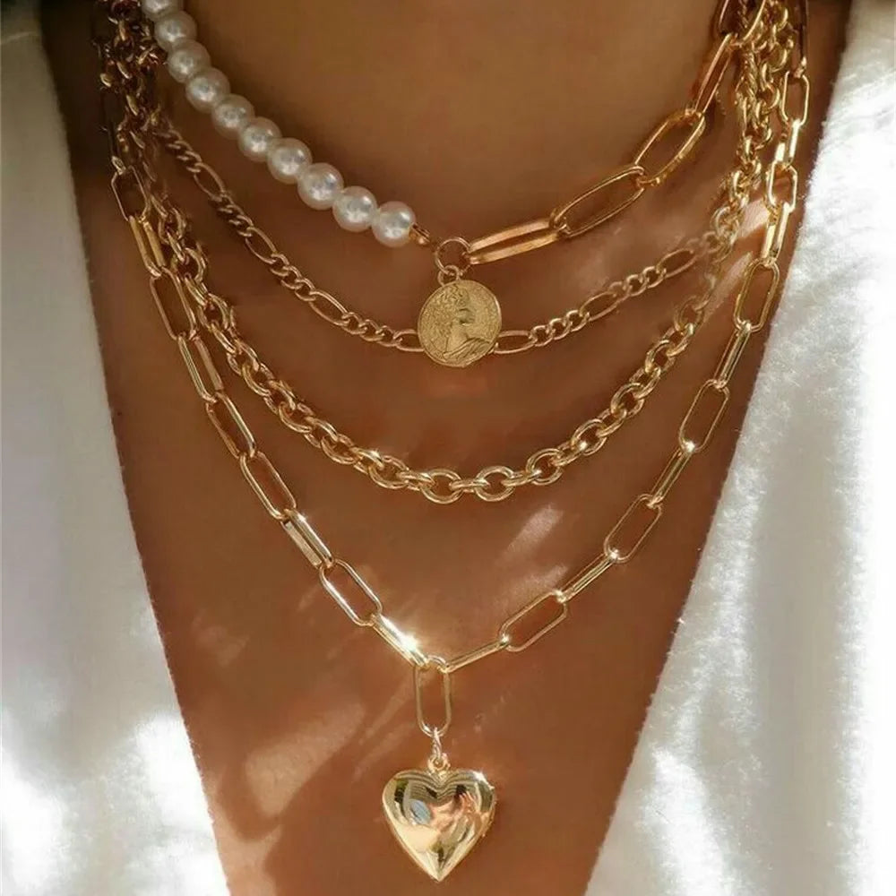 Multilevel Geometric Vintage Punk Gold-plate Thick Chain Muli