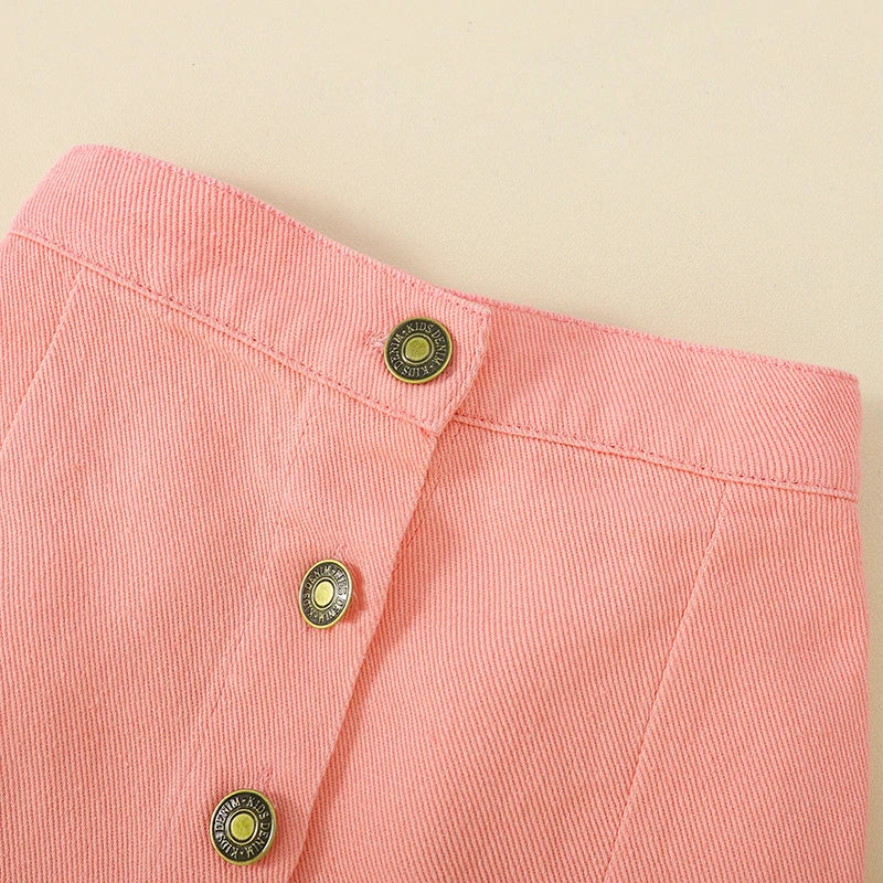 Girl's Flounce Off-Shoulder Top with Button Detailing and High-Waisted Skirt Set