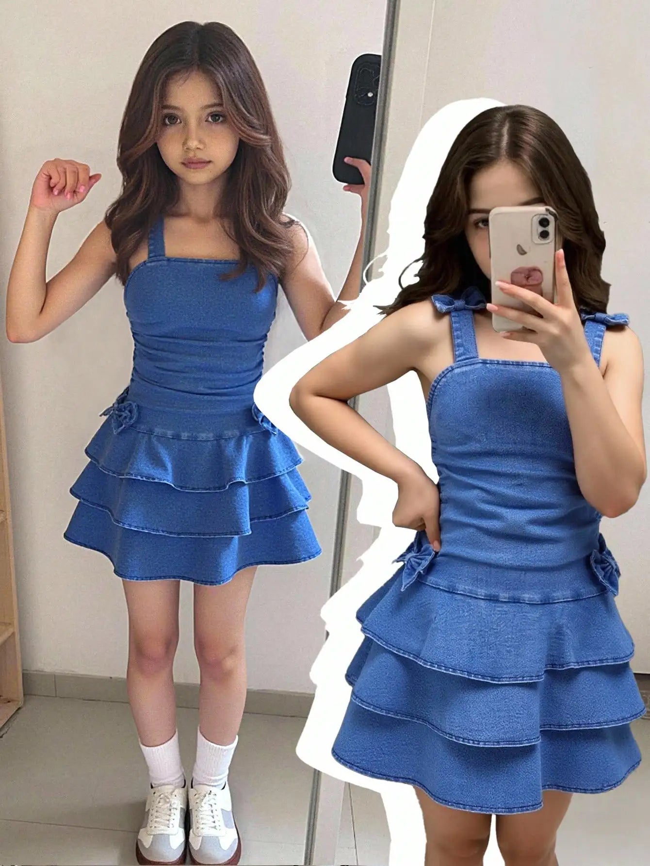 Girls Denim Tiered Ruffle Dress with Bowknot Straps