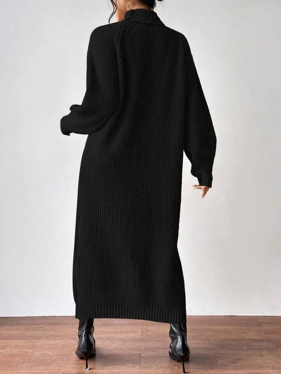 Black Turtleneck Ribbed Knit Long Sleeve Sweater Dress for Women