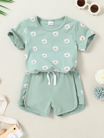 Baby Girl  Short Sleeve T-shirt Tops with Leopard Camo Printed Shorts Set