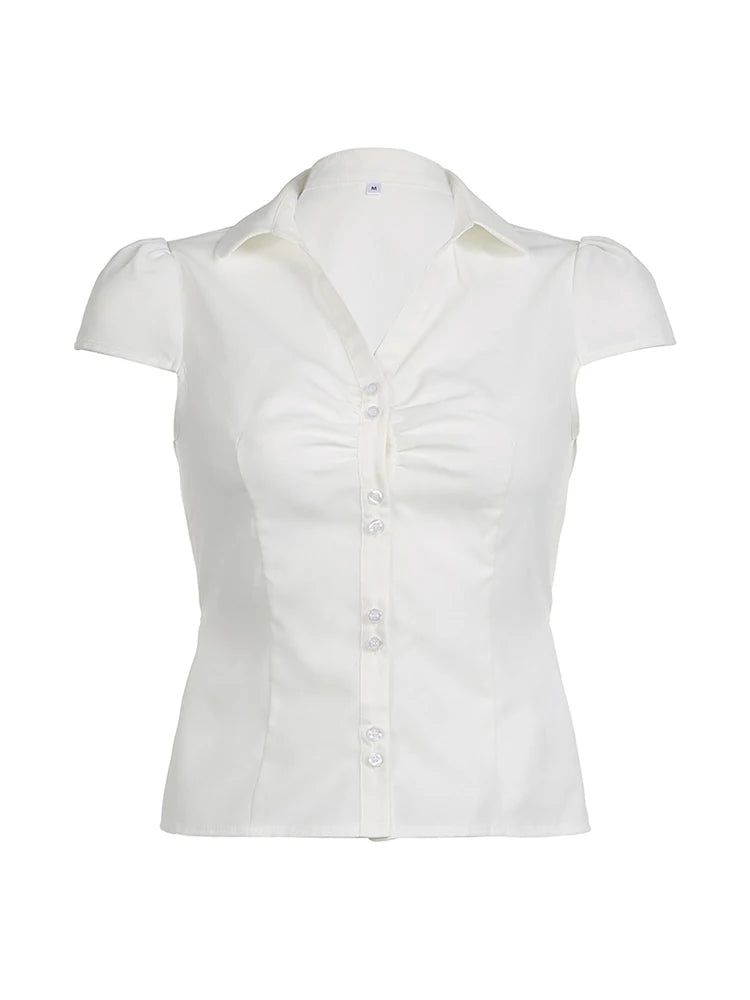 Solid Shirring Button Up Turn Down Collar Short Sleeve Shirts