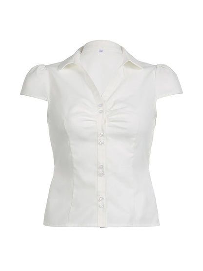 Solid Shirring Button Up Turn Down Collar Short Sleeve Shirts