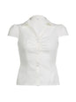 Solid Shirring Button Up Turn Down Collar Short Sleeve Shirts