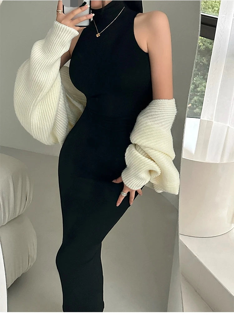 Elegant Red Sexy Bodycon Turtleneck Midi Dress for Women