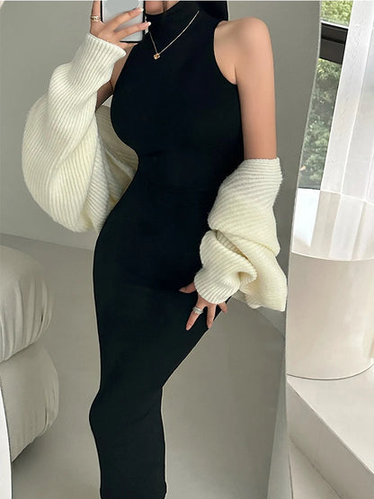 Elegant Red Sexy Bodycon Turtleneck Midi Dress for Women