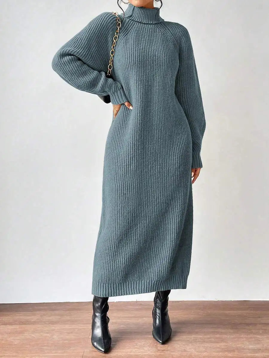 Black Turtleneck Ribbed Knit Long Sleeve Sweater Dress for Women