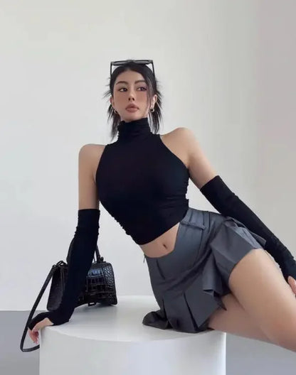 Sexy High Neck Pleated Tank Top