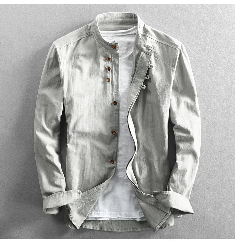 Japan Style Mens Linen/Cotton Long Sleeve Shirt with Harajuku Stand Collar