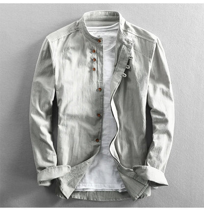 Japan Style Mens Linen/Cotton Long Sleeve Shirt with Harajuku Stand Collar