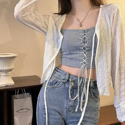 White Tie Up Summer Sunscreen Cardigan Women Long Sleeve Sheer Mesh Crop Tops Woman Casual Lace Thin Sun Protection Shirts😊

Women White Tie Up Sunscreen Long Sleeve Mesh Cardigan