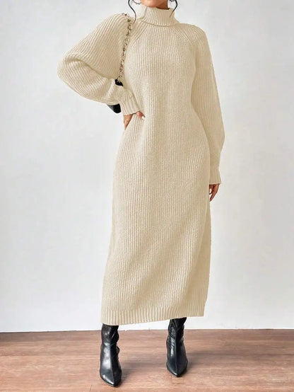 Black Turtleneck Ribbed Knit Long Sleeve Sweater Dress for Women
