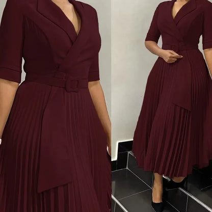 Office Dresses Pleated Notched Collar Half Sleeve Belted Waist Mid Calf