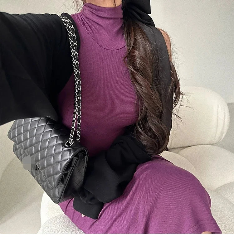 Elegant Red Sexy Bodycon Turtleneck Midi Dress for Women