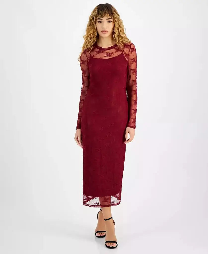 Women's Lace Long-Sleeve Crewneck Midi Dress