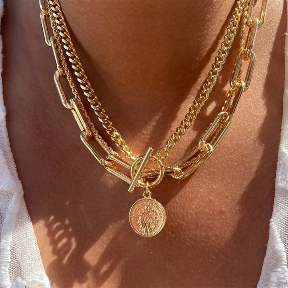 Multilevel Geometric Vintage Punk Gold-plate Thick Chain Muli