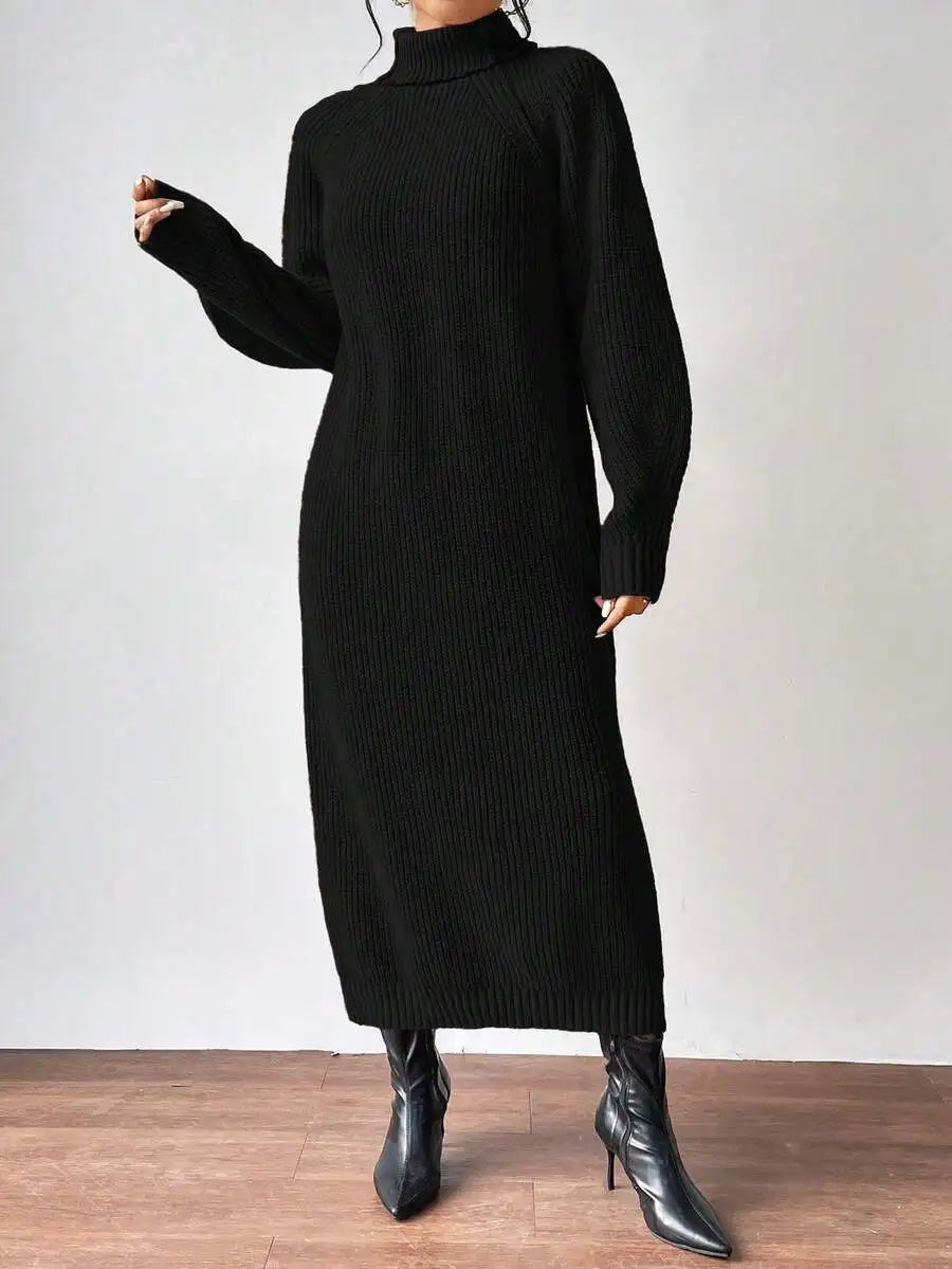 Black Turtleneck Ribbed Knit Long Sleeve Sweater Dress for Women