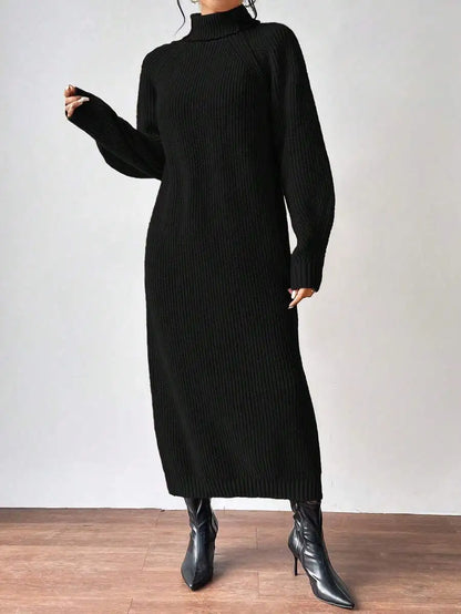 Black Turtleneck Ribbed Knit Long Sleeve Sweater Dress for Women