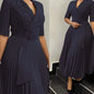Office Dresses Pleated Notched Collar Half Sleeve Belted Waist Mid Calf