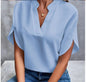 Elegant Women's Blouse New V-neck Short Sleeve 

Solid Color Loose Shirt Casual White Tops Office Lady Blouses
