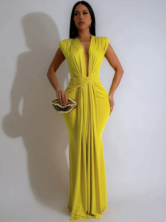 Elegant Ruched Bodycon Maxi Dress with deep V-neck for Women special evening out.