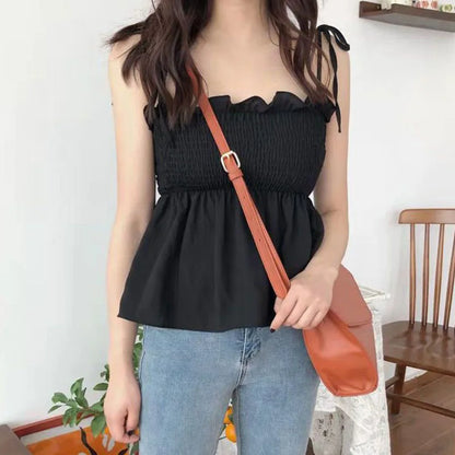 Backless Cropped Camisole with Ruffles and Bows at shoulders