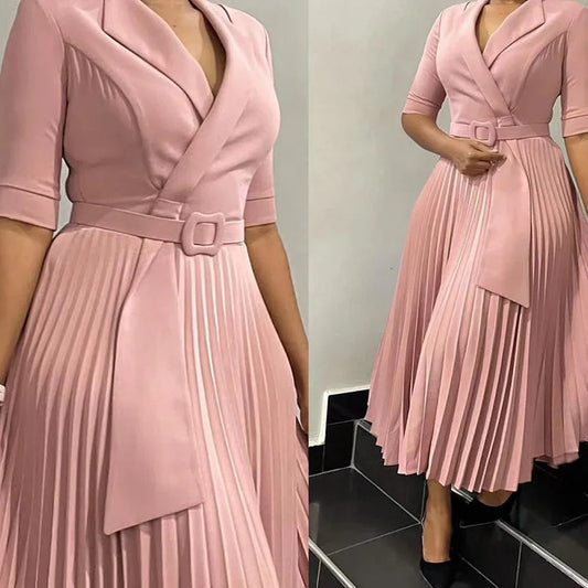 Office Dresses Pleated Notched Collar Half Sleeve Belted Waist Mid Calf