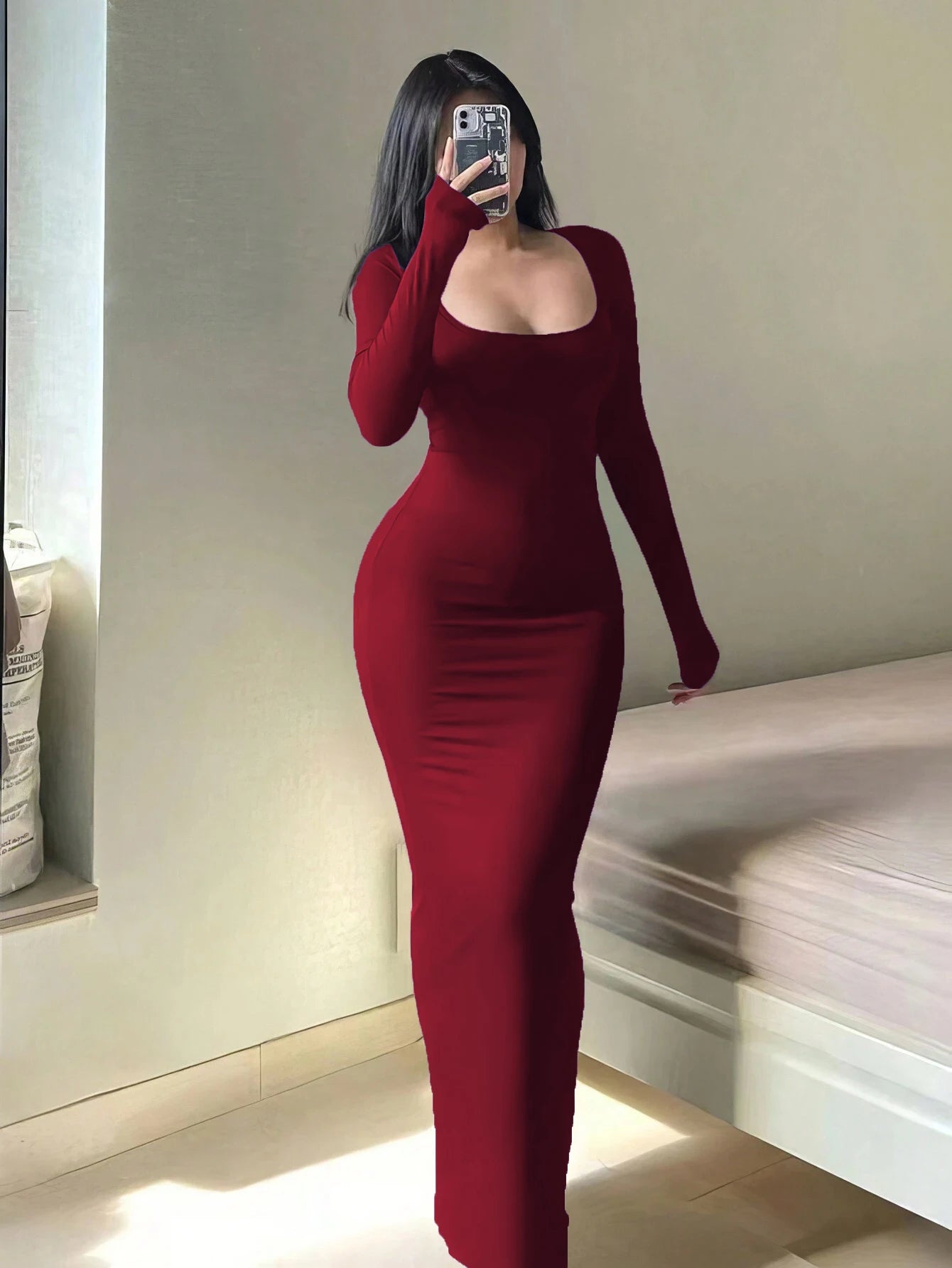Women's Chic Soop Neck  Solid Long Sleeve Bodycon Dress,
