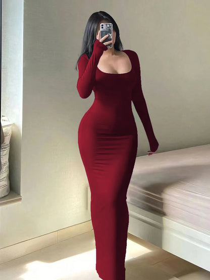 Women's Chic Soop Neck  Solid Long Sleeve Bodycon Dress,