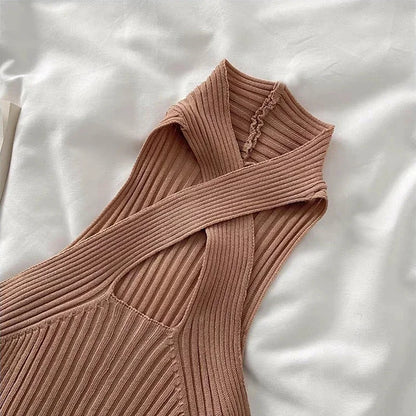 Women Summer Knit Cross Neck Crop Tops