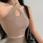 Women Summer Knit Cross Neck Crop Tops