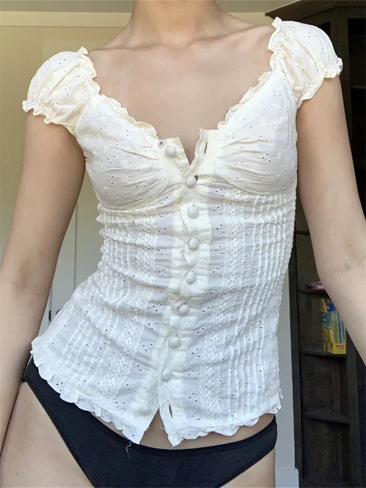 Women Short Sleeve Square Neck Button Down Blouse