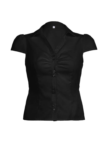 Solid Shirring Button Up Turn Down Collar Short Sleeve Shirts