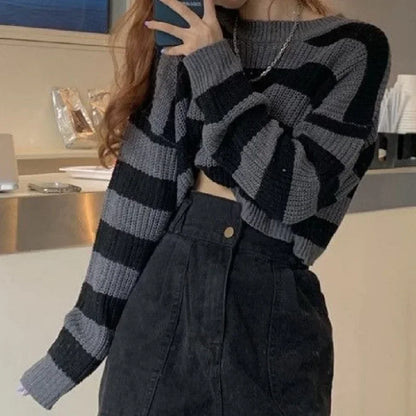 Korean Style Oversized Striped Cropped Sweater