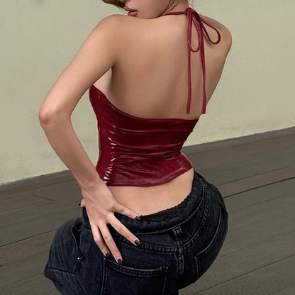 Women’s Halter Top/Sleeveless Streetwear Pu Leather Punk for Slim Women