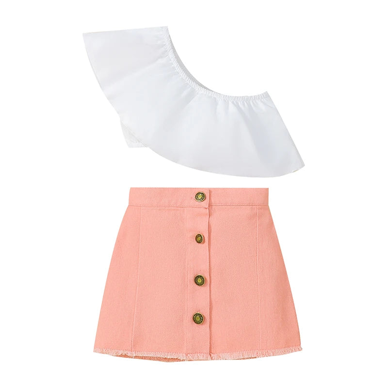 Girl's Flounce Off-Shoulder Top with Button Detailing and High-Waisted Skirt Set