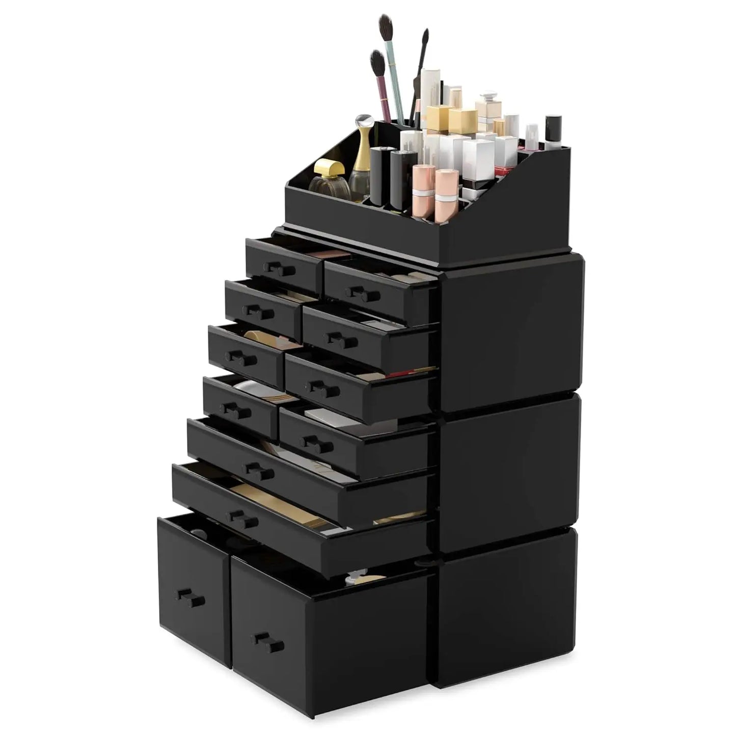 Makeup Cosmetic Organizer with 12 Drawers with Display Boxes & Case (Black)