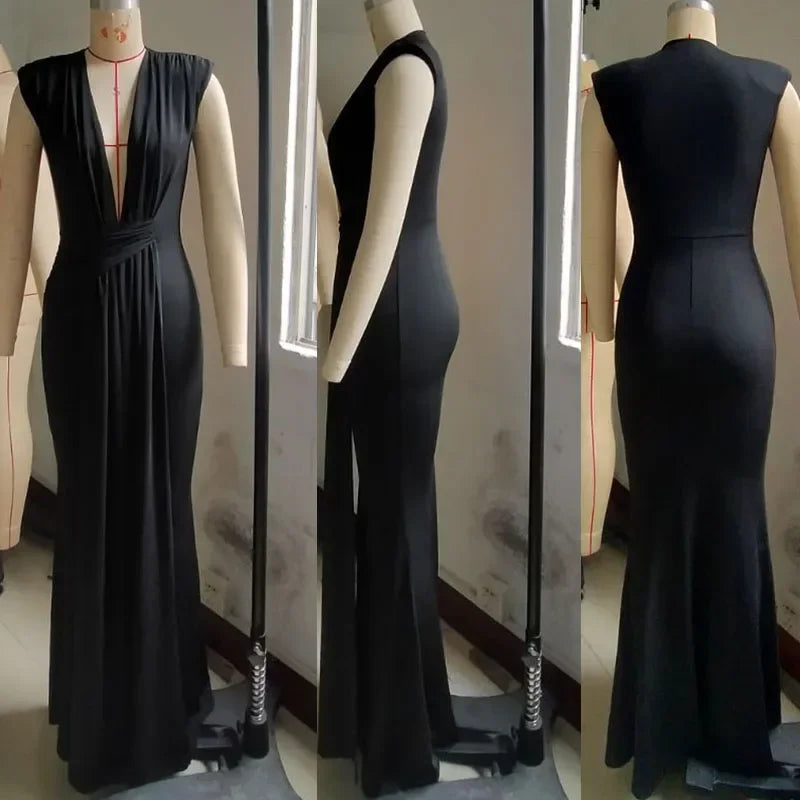 Elegant Ruched Bodycon Maxi Dress with deep V-neck for Women special evening out.