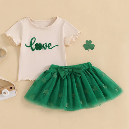 St Patrick s Day Short Sleeved Skirt and top set with Shamrock Print Short Sleeve