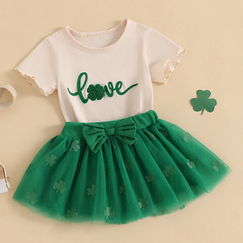 St Patrick s Day Short Sleeved Skirt and top set with Shamrock Print Short Sleeve